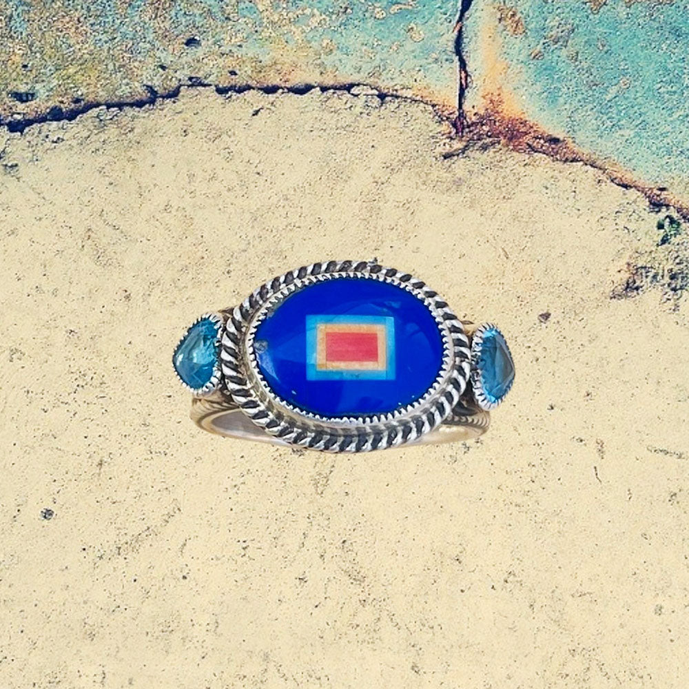 Sterling Silver Lapis Lazuli Oval Inlay with Blue Topaz Ring